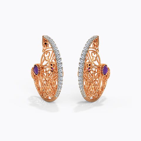 Flowery Dome Gemstone Hoop Earrings Diamond,Gemstone Earrings 14 Karat Rose Gold Flowery Dome Gemstone Hoop Earrings