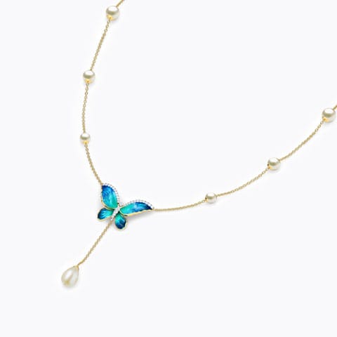 Flared Blue Butterfly Pearl Necklace Diamond,Gemstone Necklaces 18 Karat Yellow Gold Flared Blue Butterfly Pearl Necklace