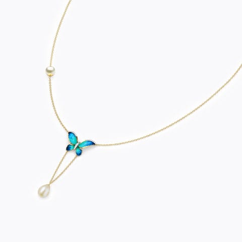 V-Drop Blue Butterfly Pearl Necklace Diamond,Gemstone Necklaces 18 Karat Yellow Gold V-Drop Blue Butterfly Pearl Necklace