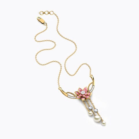 Bloom Lotus Pearl Necklace Diamond,Gemstone Necklaces 18 Karat Yellow Gold Bloom Lotus Pearl Necklace