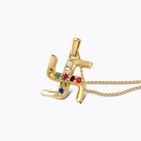 Swastik Navratna Gemstone Pendant Diamond,Gemstone Pendants 18 Karat Yellow Gold Swastik Navratna Gemstone Pendant