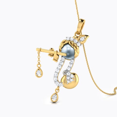 Bal Gopal Flute Pearl Pendant Diamond,Gemstone Pendants 18 Karat Yellow Gold Bal Gopal Flute Pearl Pendant