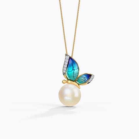 Perched Blue Butterfly Pearl Pendant Diamond,Gemstone Pendants 18 Karat Yellow Gold Perched Blue Butterfly Pearl Pendant
