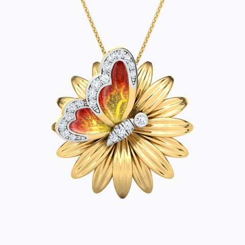 Floral Orange Butterfly Diamond Pendant Diamond Pendants 18 Karat Yellow Gold Floral Orange Butterfly Diamond Pendant