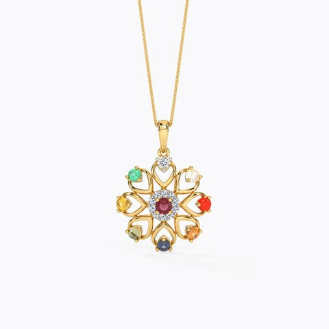 Siya Floral Navratna Gemstone Pendant Diamond,Gemstone Pendants 14 Karat Yellow Gold Siya Floral Navratna Gemstone Pendant