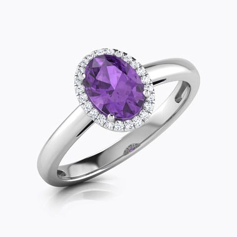 Halo Amethyst Birthstone Diamond Ring Diamond,Gemstone Rings 18 Karat White Gold Halo Amethyst Birthstone Diamond Ring