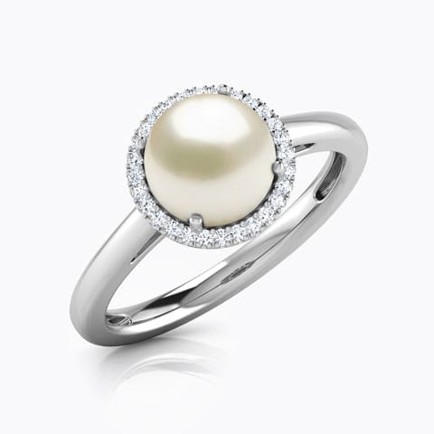 Halo Pearl Birthstone Diamond Ring Diamond,Gemstone Rings 18 Karat White Gold Halo Pearl Birthstone Diamond Ring