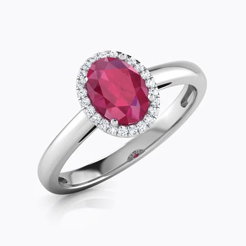 Halo Ruby Birthstone Diamond Ring Diamond,Gemstone Rings 18 Karat White Gold Halo Ruby Birthstone Diamond Ring