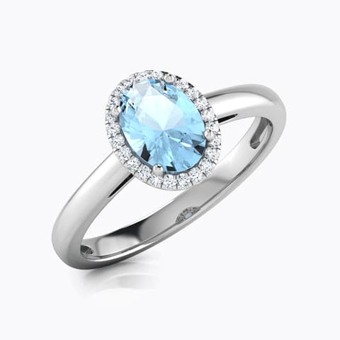 Halo Blue Topaz Birthstone Diamond Ring Diamond,Gemstone Rings 18 Karat White Gold Halo Blue Topaz Birthstone Diamond Ring