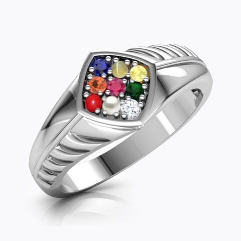 Aditya Navratna Diamond Ring for Him Diamond,Gemstone Rings 18 Karat White Gold Aditya Navratna Diamond Ring for Him