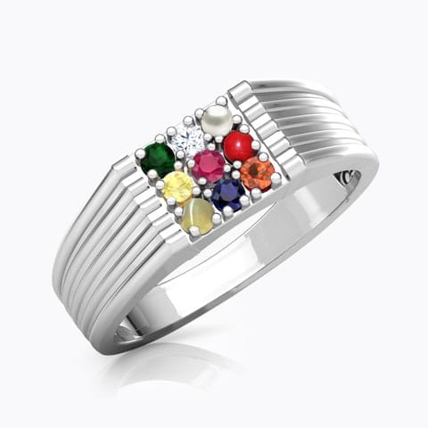 Gautam Navratna Diamond Ring for Him Diamond,Gemstone Rings 18 Karat White Gold Gautam Navratna Diamond Ring for Him