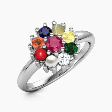Gauri Navratna Diamond Ring Diamond,Gemstone Rings 14 Karat White Gold Gauri Navratna Diamond Ring