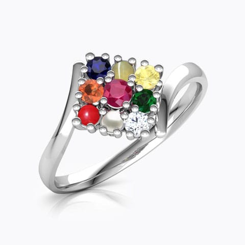 Parvati Navratna Diamond Ring Diamond,Gemstone Rings 18 Karat White Gold Parvati Navratna Diamond Ring