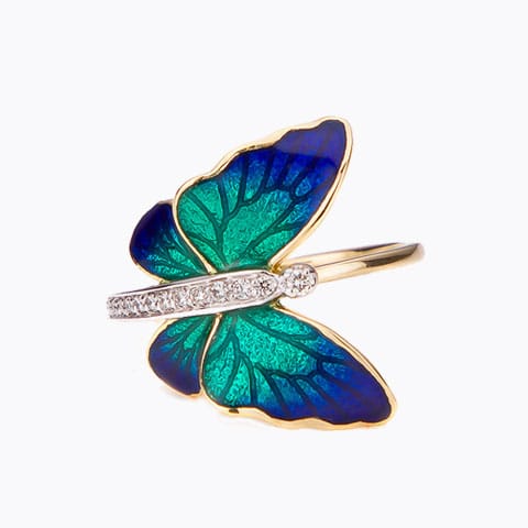 Flare Blue Butterfly Diamond Ring Diamond Rings 18 Karat Yellow Gold Flare Blue Butterfly Diamond Ring