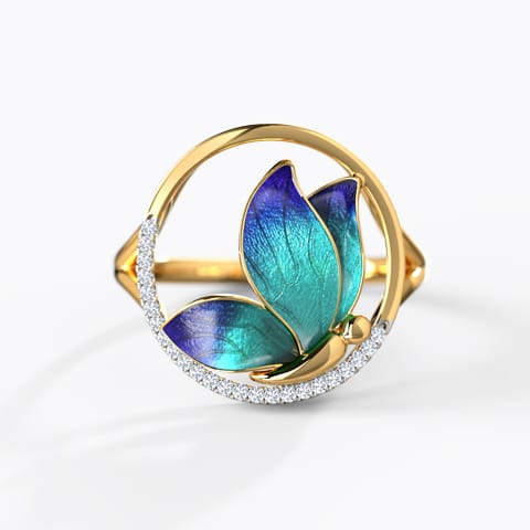 Encircle Blue Butterfly Diamond Ring Diamond Rings 18 Karat Yellow Gold Encircle Blue Butterfly Diamond Ring