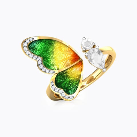 One Wing Green Butterfly Diamond Ring Diamond,Gemstone Rings 18 Karat Yellow Gold One Wing Green Butterfly Diamond Ring