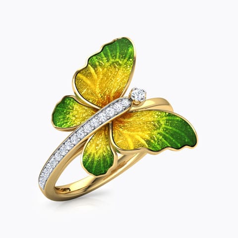 Flare Green Butterfly Diamond Ring Diamond Rings 18 Karat Yellow Gold Flare Green Butterfly Diamond Ring