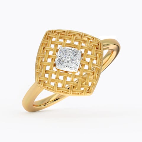 Checkered Twill Stud Diamond Ring Diamond Rings 18 Karat Yellow Gold Checkered Twill Stud Diamond Ring