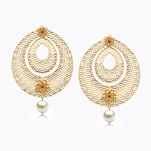 Pansy Blossom Pearl Chand Bali Gold Earrings 18 Karat Yellow Gold Pansy Blossom Pearl Chand Bali