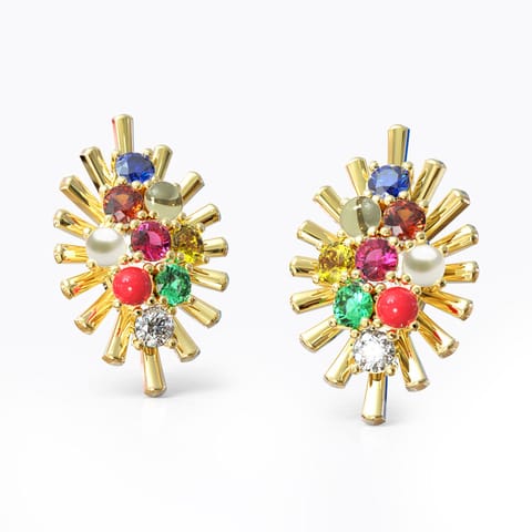 Gleaming Navratna Gemstone Stud Earrings Diamond,Gemstone Earrings 18 Karat Yellow Gold Gleaming Navratna Gemstone Stud Earrings