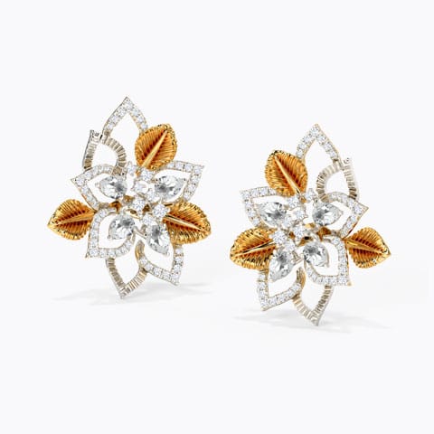 Delightful Bloom Gemstone Stud Earrings Diamond,Gemstone Earrings 18 Karat Two Tone Gold Delightful Bloom Gemstone Stud Earrings
