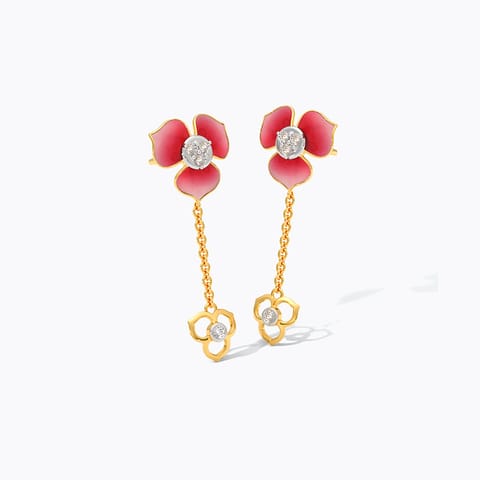Pink Flower 9KT Diamond Drop Earrings