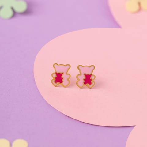  Pink Teddy 9KT Gold Stud Earrings for Kids