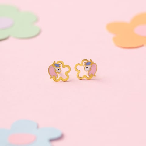 Flowery Unicorn 9KT Gold Stud Earrings for Kids