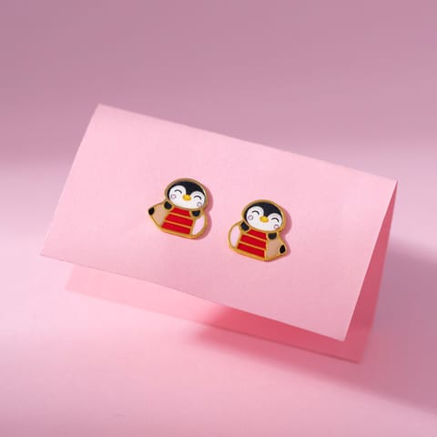 Doodling Penguin 9KT Gold Stud Earrings for Kids