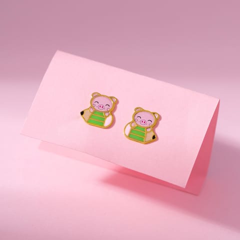 Doodling Pig 9KT Gold Stud Earrings for Kids