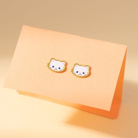 White Kitty 9KT Gold Stud Earrings for Kids
