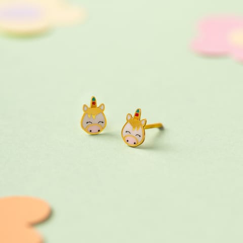 Goofy Unicorn 9KT Gold Stud Earrings for Kids