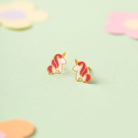 Pink & White Unicorn 9KT Gold Stud Earrings for Kids Pink & White Unicorn 9KT Gold Stud Earrings for Kids