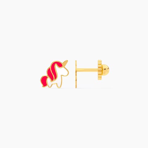 Pink & White Unicorn 9KT Gold Stud Earrings for Kids