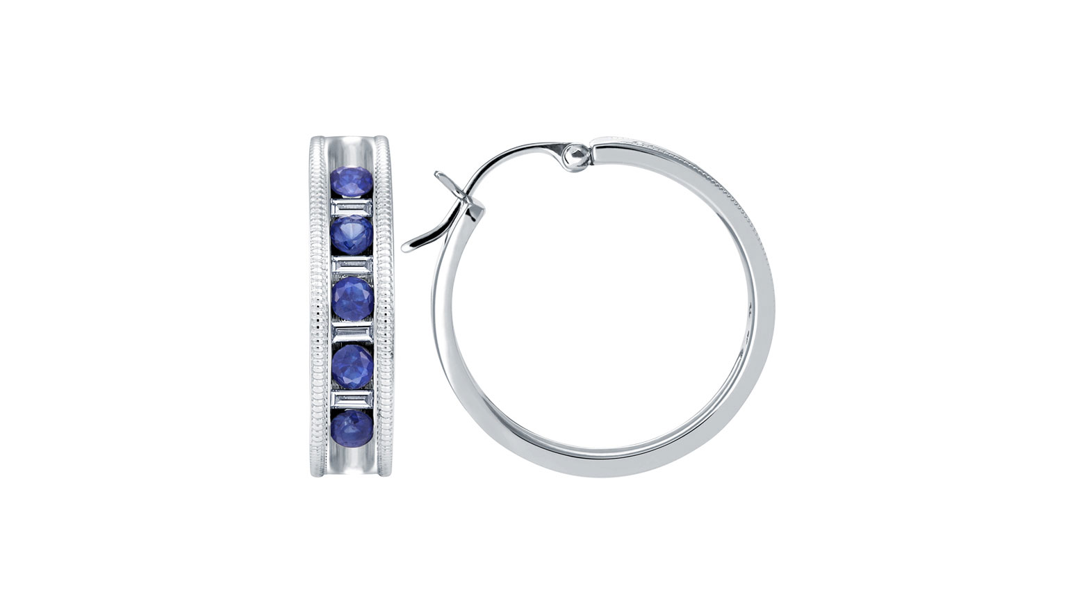 Metro Diamond (0.12 ct) & Blue Sapphire (2 mm) Hoops, 18K White Gold Metro Diamond (0.12 ct) & Blue Sapphire (2 mm) Hoops, 18K White Gold