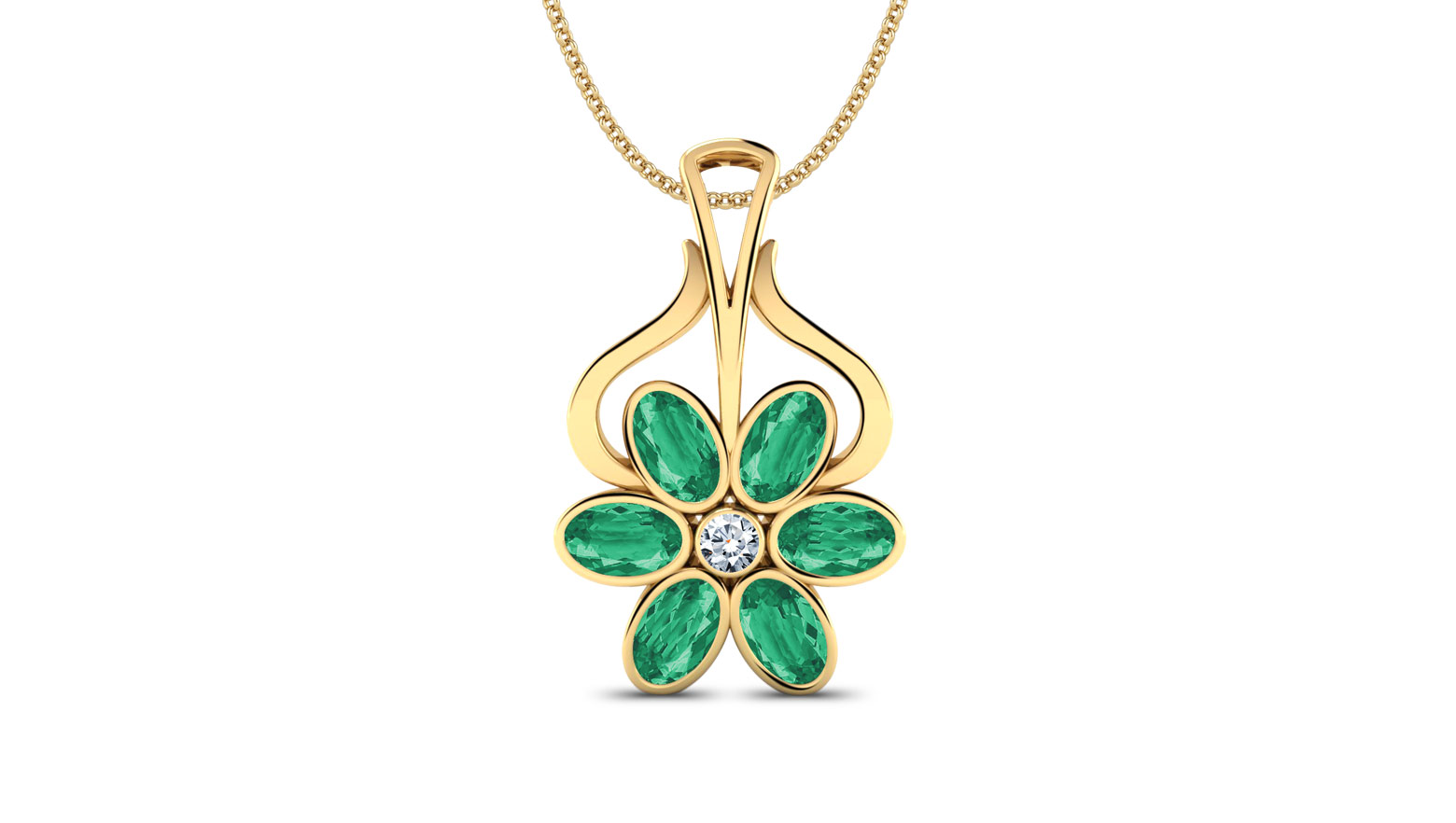 Flower Diamond (0.03 Ct) & Green Emerald (5*3 mm) Pendant,18K Yellow Gold. Flower Diamond (0.03 Ct) & Green Emerald (5*3 mm) Pendant,18K Yellow Gold.