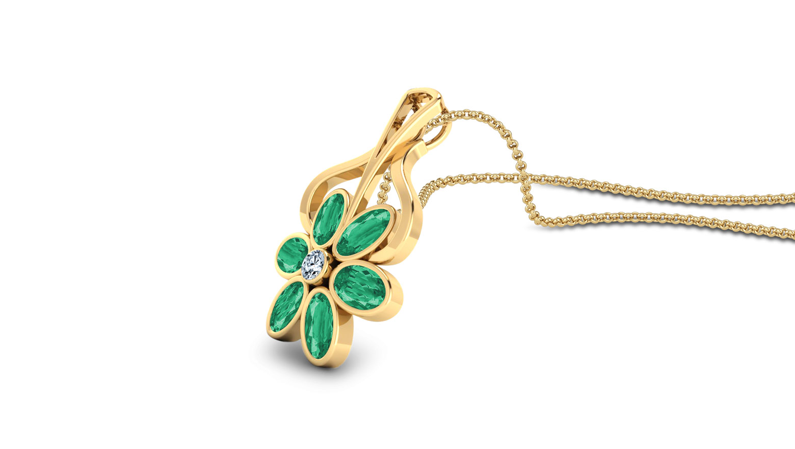Flower Diamond (0.03 Ct) & Green Emerald (5*3 mm) Pendant,18K Yellow Gold. Flower Diamond (0.03 Ct) & Green Emerald (5*3 mm) Pendant,18K Yellow Gold.