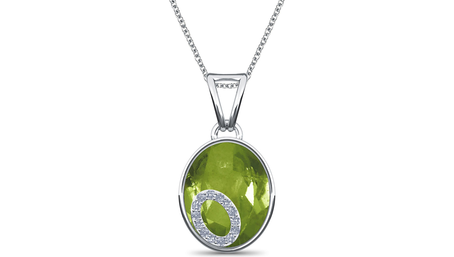 Triumph Diamond (0.07 ct) & Peridot (9*11 mm) Pendant, 18K White Gold
