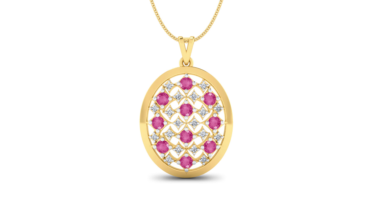 Lunette Diamond (0.80 ct) & Pink Tourmaline (2*5 mm) pendant, 18K Yellow Gold Lunette Diamond (0.80 ct) & Pink Tourmaline (2*5 mm) pendant, 18K Yellow Gold