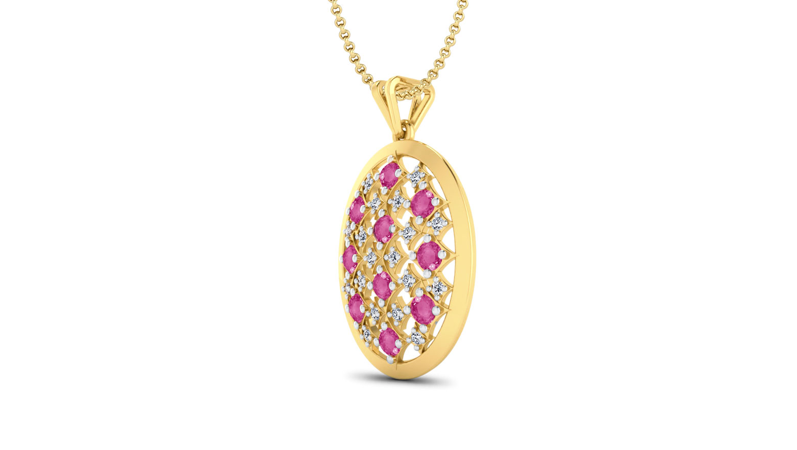 Lunette Diamond (0.80 ct) & Pink Tourmaline (2*5 mm) pendant, 18K Yellow Gold Lunette Diamond (0.80 ct) & Pink Tourmaline (2*5 mm) pendant, 18K Yellow Gold