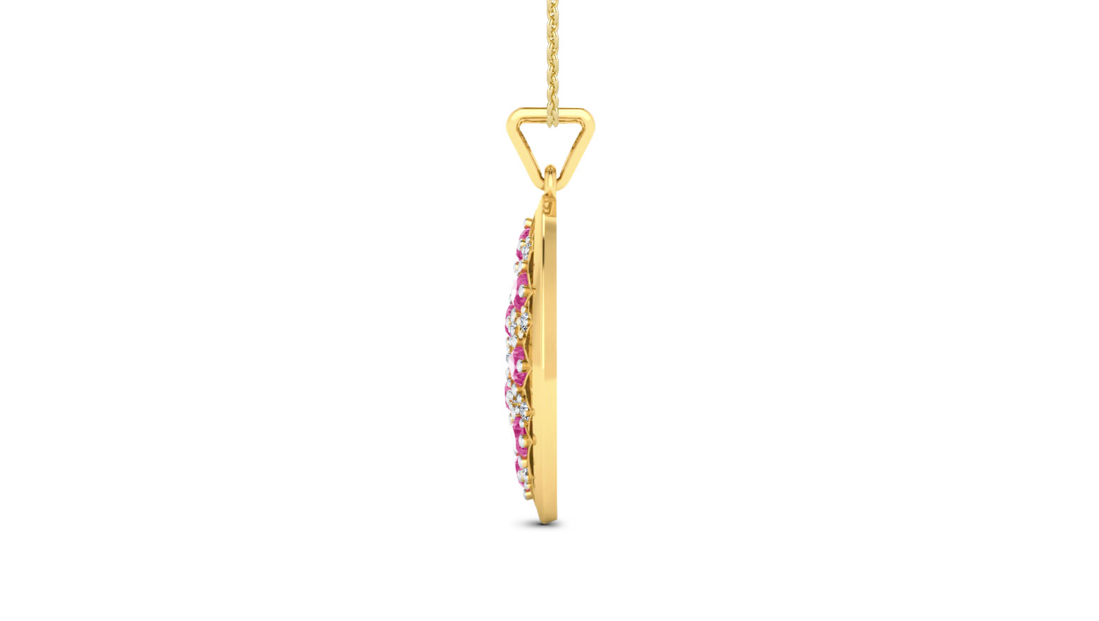 Lunette Diamond (0.80 ct) & Pink Tourmaline (2*5 mm) pendant, 18K Yellow Gold Lunette Diamond (0.80 ct) & Pink Tourmaline (2*5 mm) pendant, 18K Yellow Gold