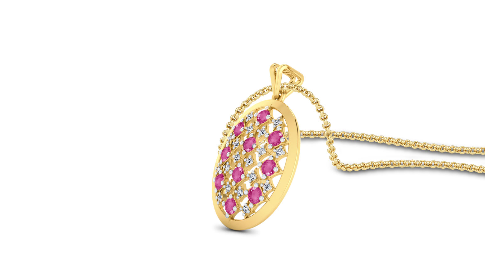 Lunette Diamond (0.80 ct) & Pink Tourmaline (2*5 mm) pendant, 18K Yellow Gold Lunette Diamond (0.80 ct) & Pink Tourmaline (2*5 mm) pendant, 18K Yellow Gold