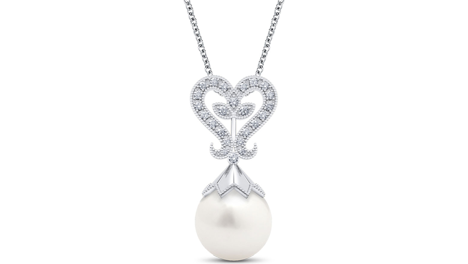 Floral Heart Diamond (0.12 ct) & Pearl (8 mm)  Pendant, 18K White Gold.