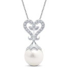 Floral Heart Diamond (0.12 ct) & Pearl (8 mm)  Pendant, 18K White Gold.