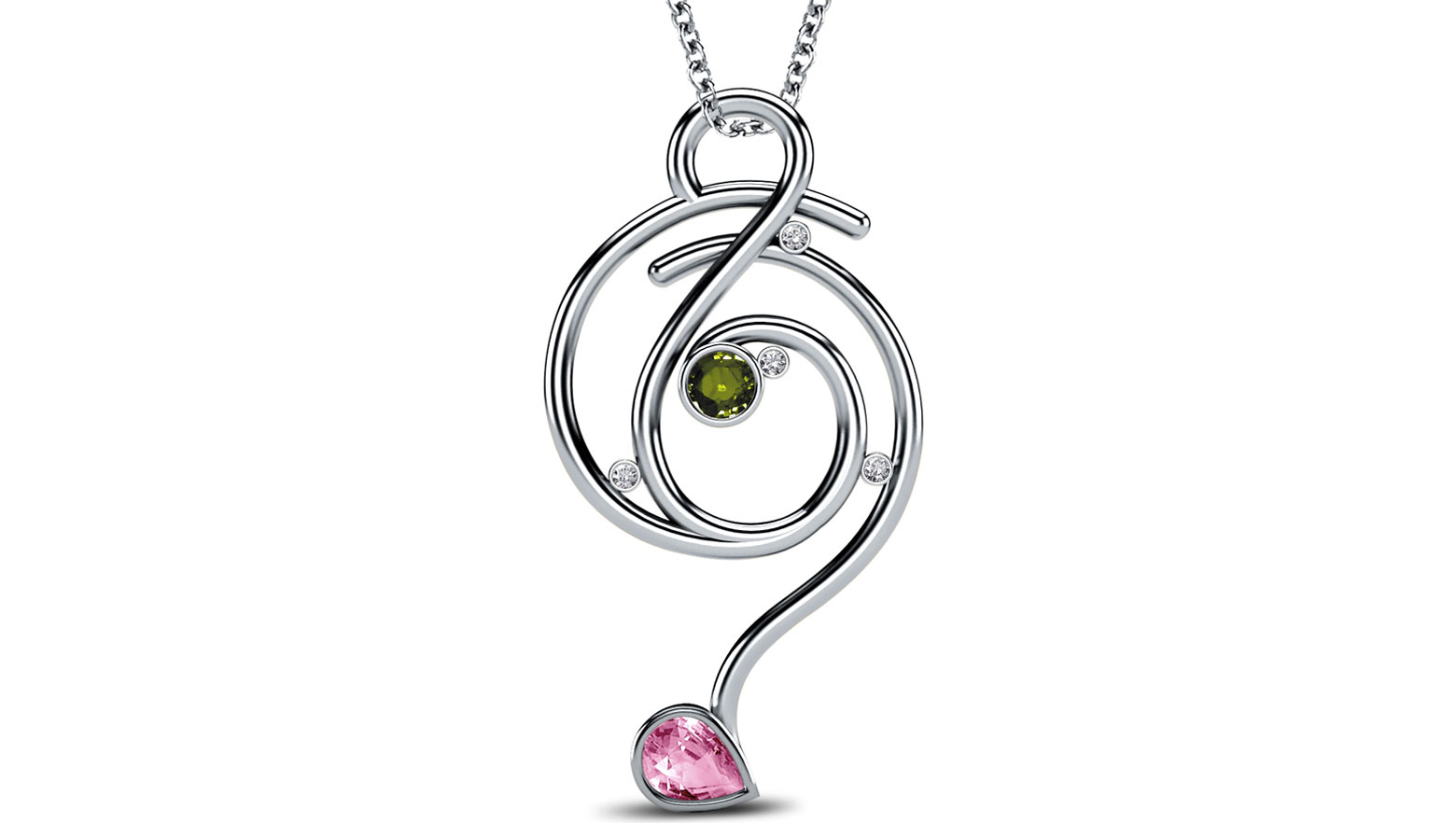 Meandering Vine Diamond (0.04 ct), Tourmaline (4*5 mm), Peridot (4 mm) Pendant, 18K White Gold