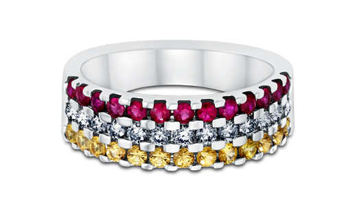 Triumph Tri-colour Ring, 18K White Gold with Diamonds (0.33 ct), Rubies (0.40 ct) & Yellow Sapphires Triumph Tri-colour Ring, 18K White Gold with Diamonds (0.33 ct), Rubies (0.40 ct) & Yellow Sapphires